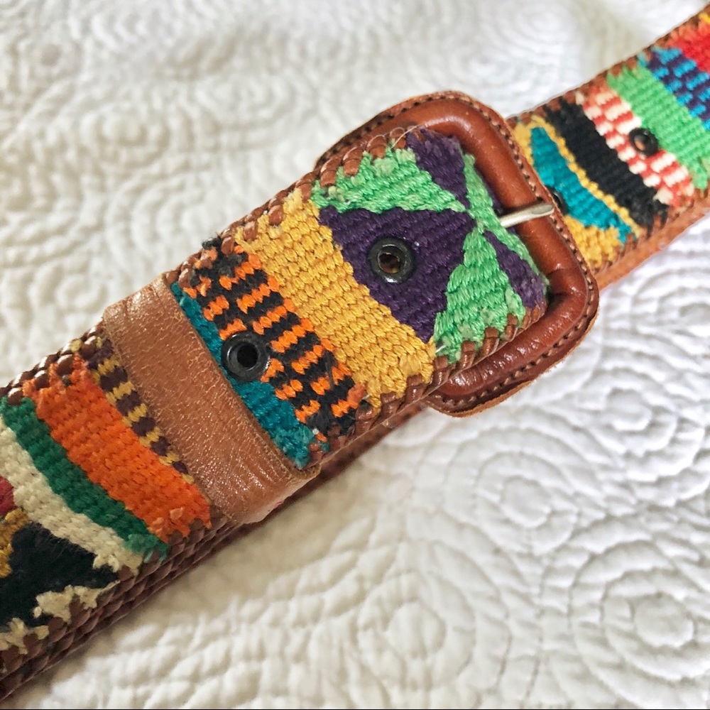 Vintage colorful embroidered leather woven belt - Picture 3 of 4